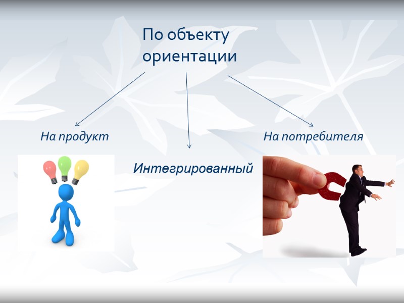 По объекту ориентации На продукт На потребителя Интегрированный